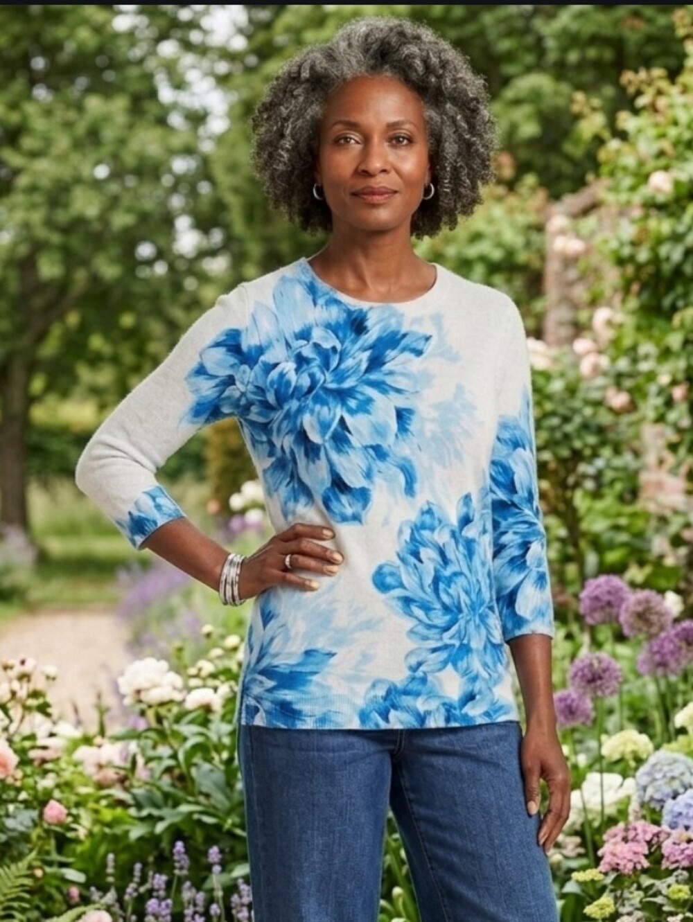 Talbots Cashmere Vibrant Blue Gray Floral Crew Neck Audrey  Sweater Size Small